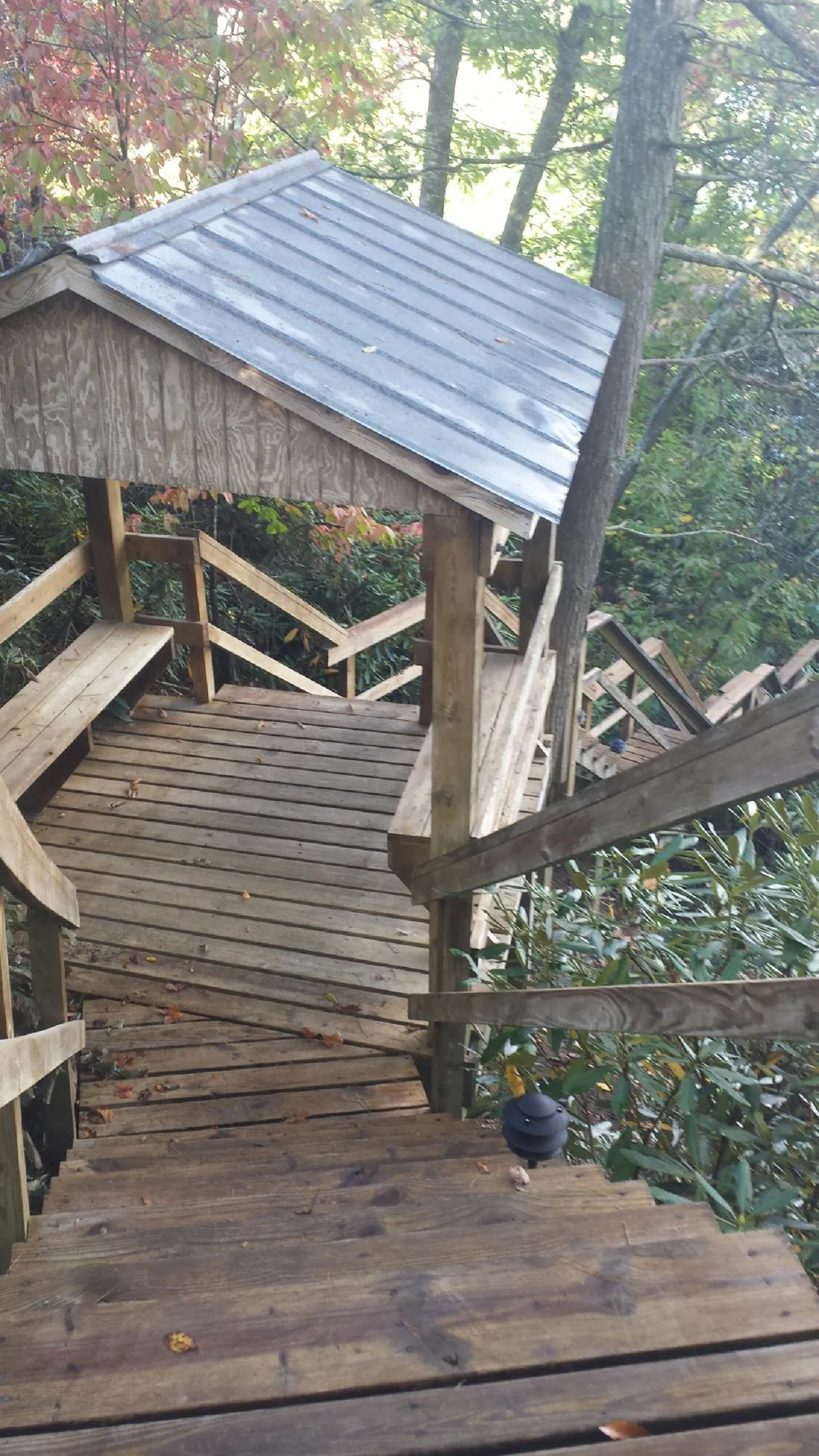 Metal roofed shelter over wooden steps on a wooded walkway — Skylight Repair & Installation work by our crew in Maury